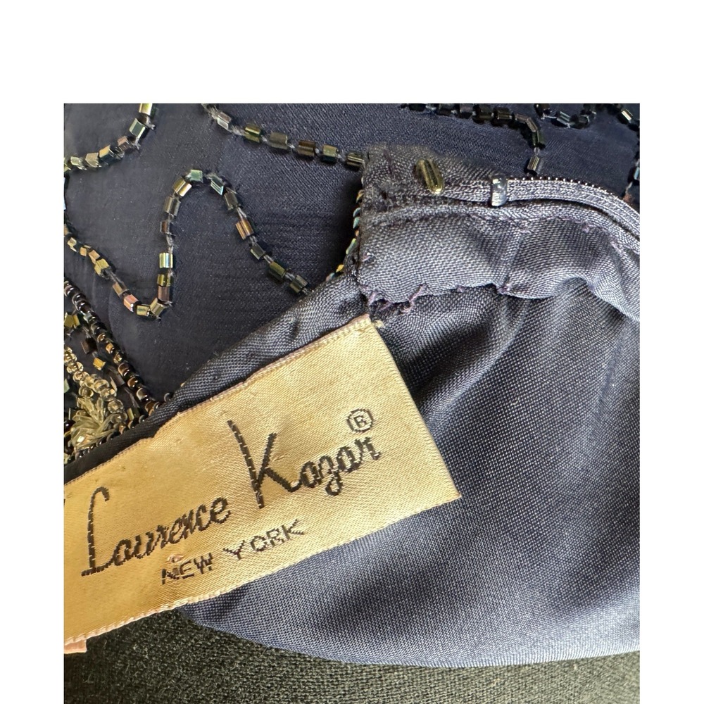 Vintage 80s Laurence Kazar New York Silk Beaded Dress Blue Art Deco Midi PL - Picture 9 of 11